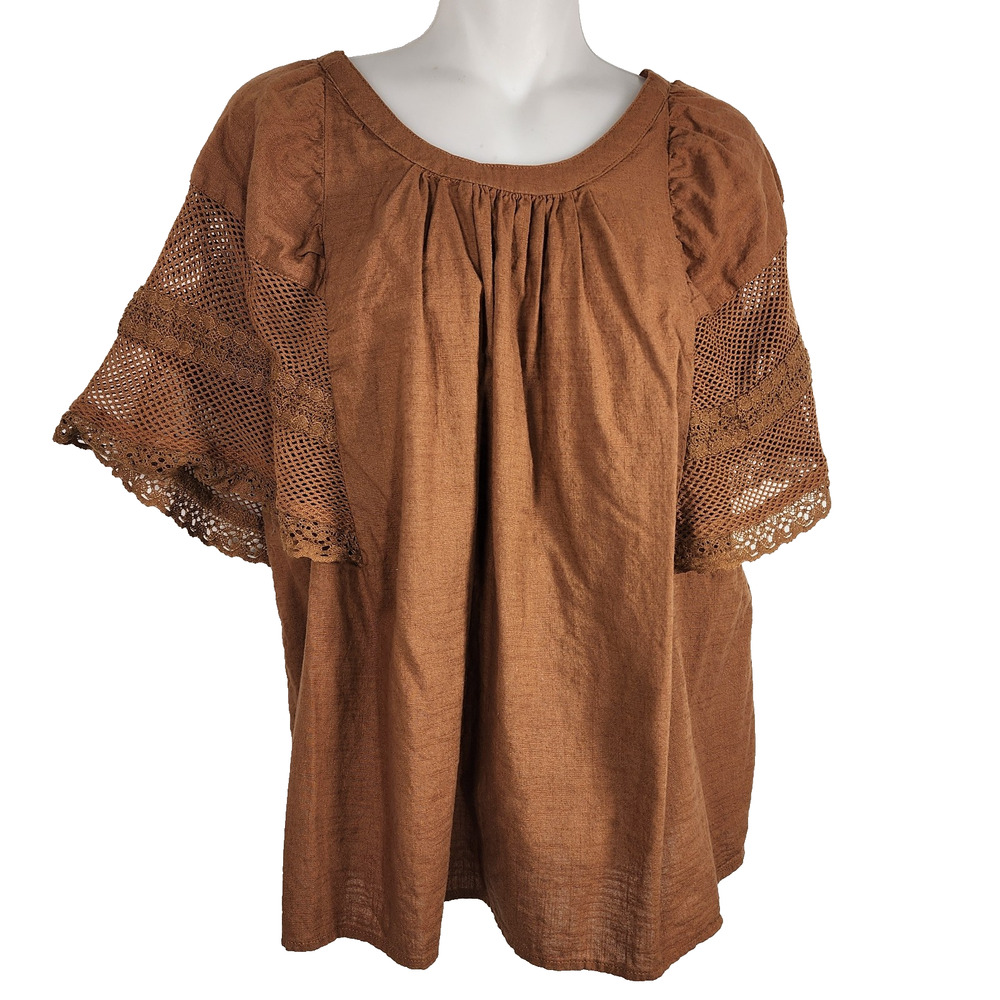 Old Navy Women Crochet Flutter Sleeve Swing Top M Lace Brown Boho Peasant Cotton